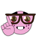 Nerd character with pink skin and brown glasses holding up a finger to make a point.