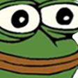 Pepe the Frog with wide eyes and a wide, smug, closed-mouth grin.