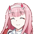 Zero Two from Darling in the Franxx happily dancing and smiling.