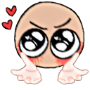 A round character with giant, watery eyes and blushing cheeks reaches out with both hands in a pleading gesture.