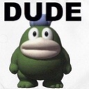 A green, 3D-rendered frog with a blank expression and a small blue hat, with the word DUDE written in bold black text above …