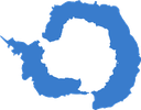 Antarctica continent shape in white against a blue circular background.