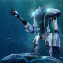 A metallic, crab-like robot standing on an underwater rock with a glowing blue light.