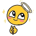 Yellow smiley face with a halo, wide sparkling eyes, and a small smirk, looking upwards innocently.