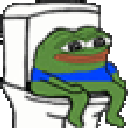 Pepe the Frog sitting calmly on a white toilet.