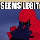 Spider-Man looking through a microscope with a skeptical expression and the text Seems Legit above him.