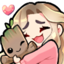 A girl with a happy expression hugging a small Groot character with a pink heart floating above.