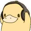 Four yellow ducks wearing black headphones and vibing to music.