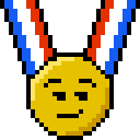 Gold medal with a smug, side-eyeing face expression hanging from a red, white, and blue ribbon.