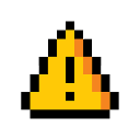 A yellow pixelated triangle with a black exclamation mark inside against a black background.