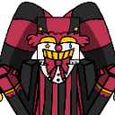 Pluto the jester wearing a red and black hat with a wide, golden-toothed grin.