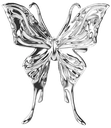 A silver metallic butterfly with intricate wing patterns against a black background.