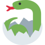 A green snake with a red tongue poking its head out of a cracked white egg.