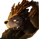 A fierce bear with glowing eyes and brown armor plating.
