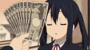 Azusa Nakano from K-On! looks at a fan of cash with dazed, swirling eyes.