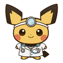 Pichu wearing a white doctor's coat, a stethoscope, and a head mirror, smiling at the viewer.