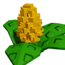 Corn ear rendered in a blocky 3D pixel art style with bright yellow kernels and green leaves.