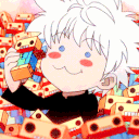 Killua Zoldyck with a smug expression holding a Danbo figure surrounded by more Danbo figures.