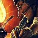 A man with a prominent nose writes with a quill by the light of a candle.