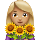 Blonde woman smiling while holding a bouquet of three sunflowers.