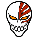 Ichigo Kurosaki's Hollow mask with glowing orange eyes and red markings on a black background.