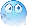 Blue sphere with wide eyes dissolving into blue particles against a red background.