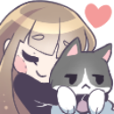 Girl with long hair hugging a grumpy-looking gray and white cat with a pink heart floating above them.