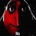 Gru from Despicable Me with a red, high-contrast filter and a serious, menacing expression with the word No written below.