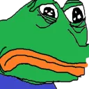 Pepe the Frog with a sad, downturned mouth and glossy, watery eyes.