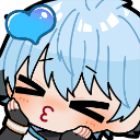 Chibi boy with blue hair blowing a kiss with a blue heart above his head.