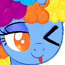 A blue pony with a colorful mane winking and sticking its tongue out.