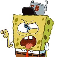 SpongeBob SquarePants wearing a Chum Bucket hat makes a mocking hand gesture while sticking his tongue out.