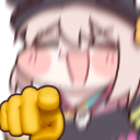 Anime character laughing with a motion-blurred hand pointing directly at the viewer.