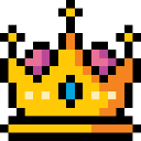 A gold pixel art crown with a blue center jewel and pink accents.