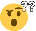Yellow emoji face with a raised eyebrow and an open mouth, accompanied by two white question marks.