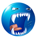 Blue sphere with a wide open mouth and sharp white fangs looking aggressive.