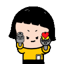 A cute chibi character with black hair and a yellow shirt holding two guns that fire hearts and bullets.