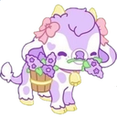A cute purple and white pixel cow with pink bows, holding a basket of flowers in its mouth.