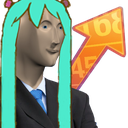 Meme man wearing Hatsune Miku's teal hair standing in front of a rising orange arrow.
