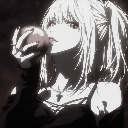 Misa Amane holding an apple to her lips with a mysterious expression.