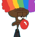 Squidward wearing a rainbow afro wig while blowing a red bubblegum bubble with a grumpy expression.