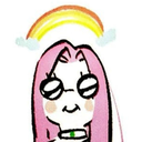 Character with pink hair and glasses wearing a smug expression under a small rainbow.