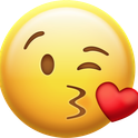 Yellow face winking with puckered lips and a red heart floating near the mouth.
