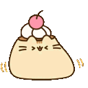 Pusheen the cat shaped like a pudding with a cherry on top wiggles back and forth happily.
