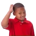 A young boy in a red shirt scratching his head with a confused expression.