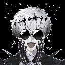 Anime character wearing dark sunglasses and a crown with floating sparkles against a black background.