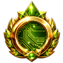 Gold laurel wreath medal with a glowing green circuit board center.