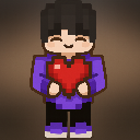 A pixel art character with dark hair and a purple hoodie holding a large red heart with a happy expression.