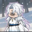 Anime character with long white hair and a white robe with a realistic human face superimposed on the head.