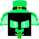 Character with a green hat, dollar sign eyes, and a bill in its mouth.